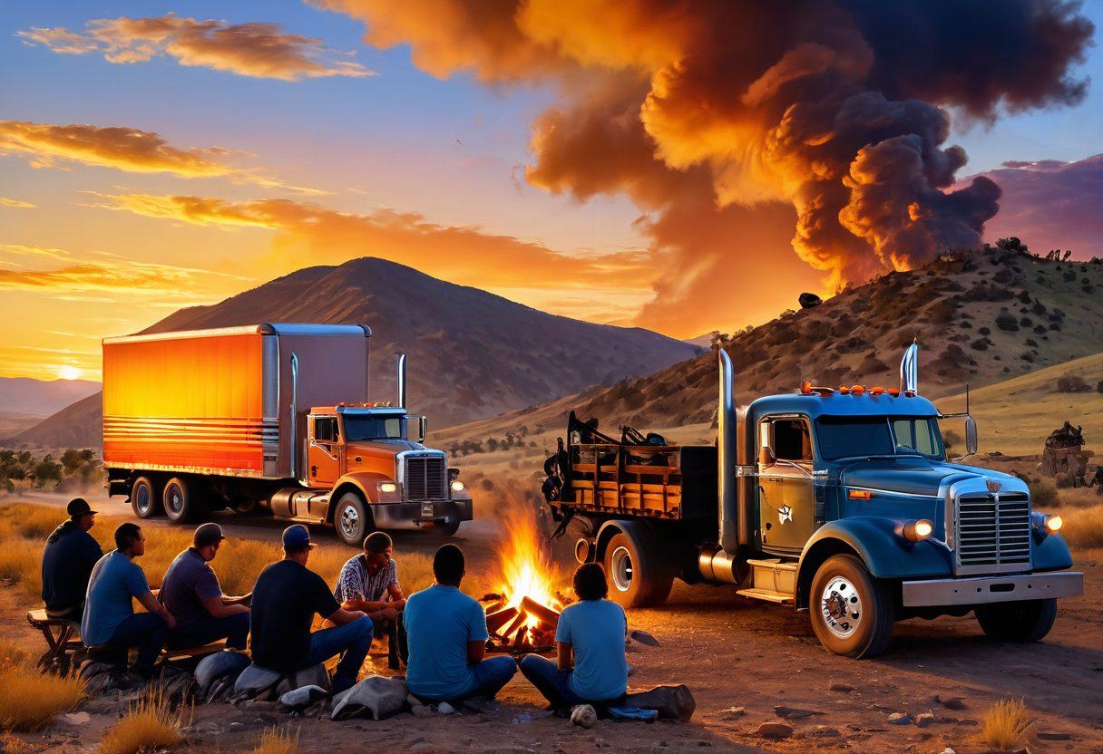 A dynamic scene depicting a diverse group of truck drivers sharing stories around a campfire, surrounded by rolling hills and a sunset backdrop. Incorporate vintage trucks, their imposing silhouettes against the glowing sky, while showcasing symbols of unity and freedom, such as an American flag. Capture the essence of camaraderie and resilience within the trucking community. super-realistic. vibrant colors. warm tones.