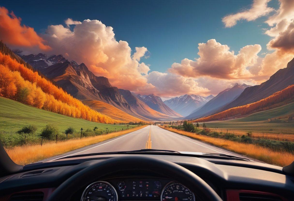 A vibrant highway stretching into the horizon with a powerful truck driving along it, showcasing a diverse landscape of mountains, fields, and roadside rest stops. Include a map and a compass on the dashboard visible through the windshield, symbolizing navigation. The sky is bright with fluffy clouds, emphasizing freedom and adventure. warm colors that evoke a sense of journey and exploration. super-realistic. vibrant colors.