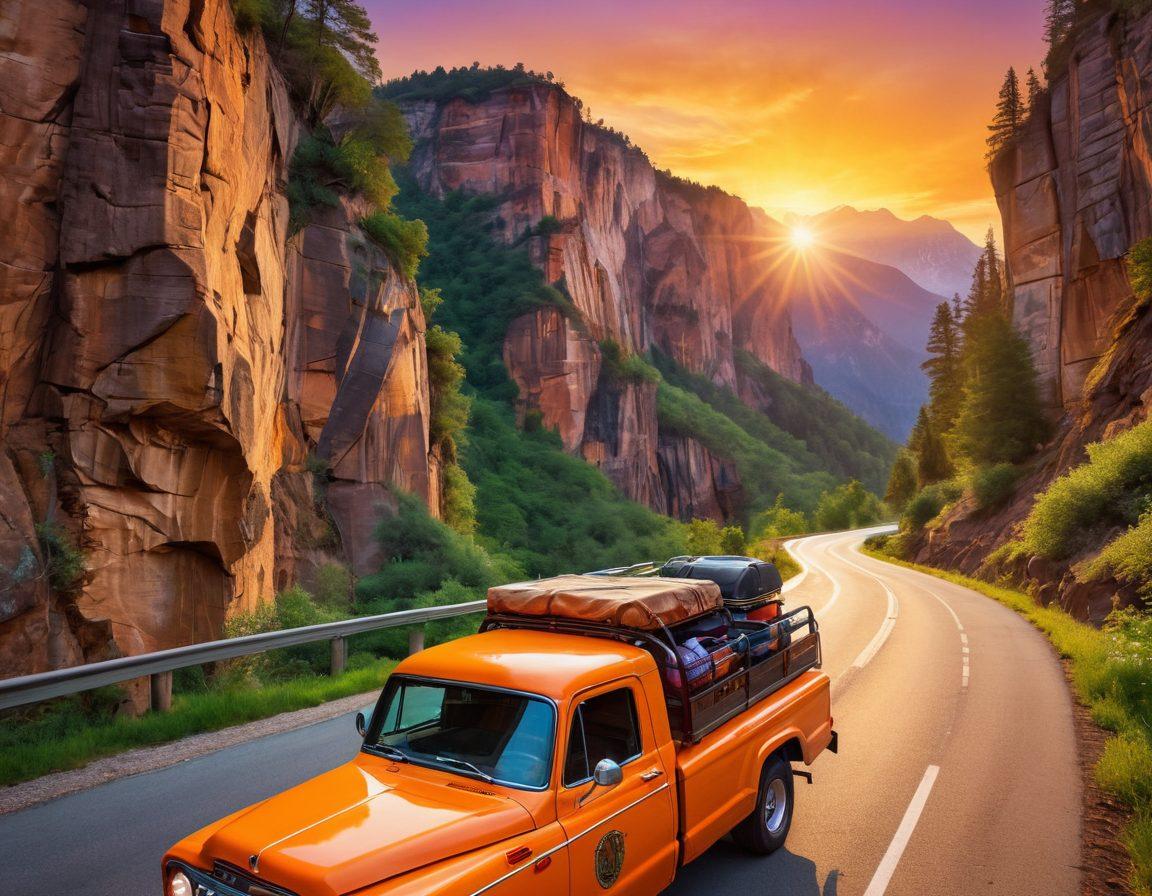 A rugged truck driving along a winding mountainous road at sunset, showcasing a lone driver with a confident smile, adorned in casual rebel attire. Surrounding the truck are lush green trees and rocky cliffs, symbolizing the spirit of adventure and freedom. The sky is painted in warm hues of orange and purple, reflecting a sense of liberation. Include a vintage map and compass on the passenger seat. super-realistic. vibrant colors. dynamic composition.